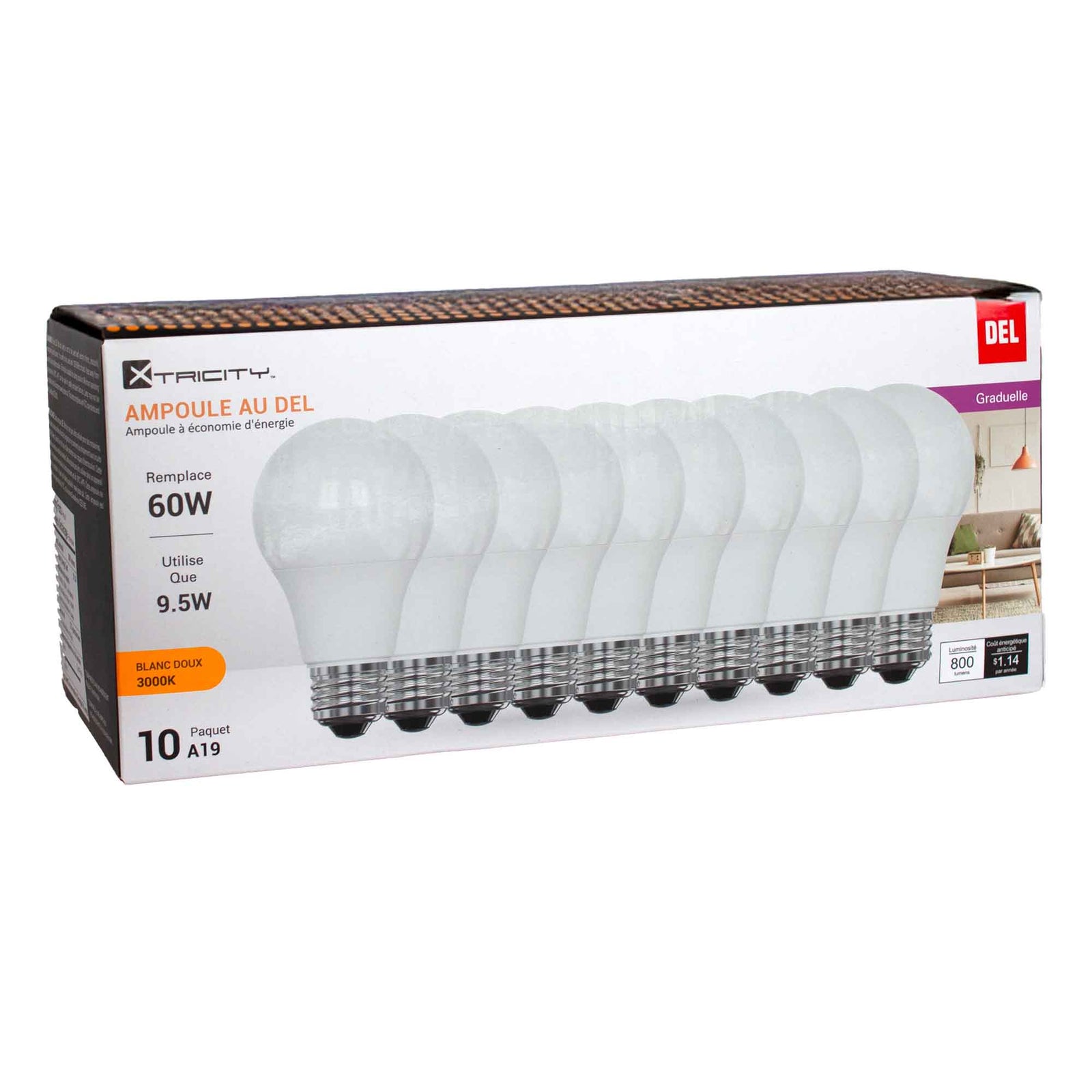 Ampoule graduable DEL A19 9,5 W blanc doux 3 000K, 10 unités