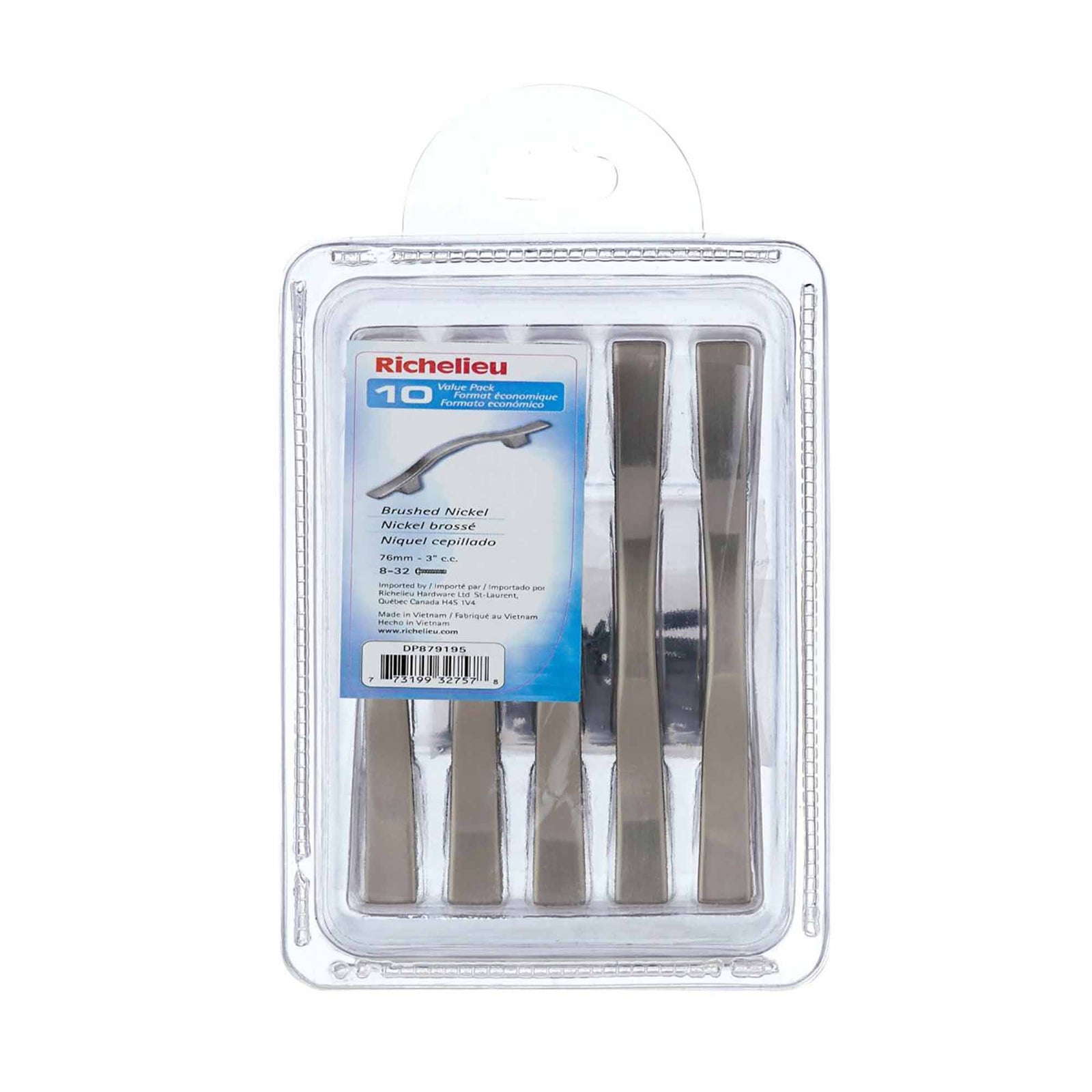 Paquet de 10 poignées traditionnelles en métal nickel brossé # 879, 3'' C/C