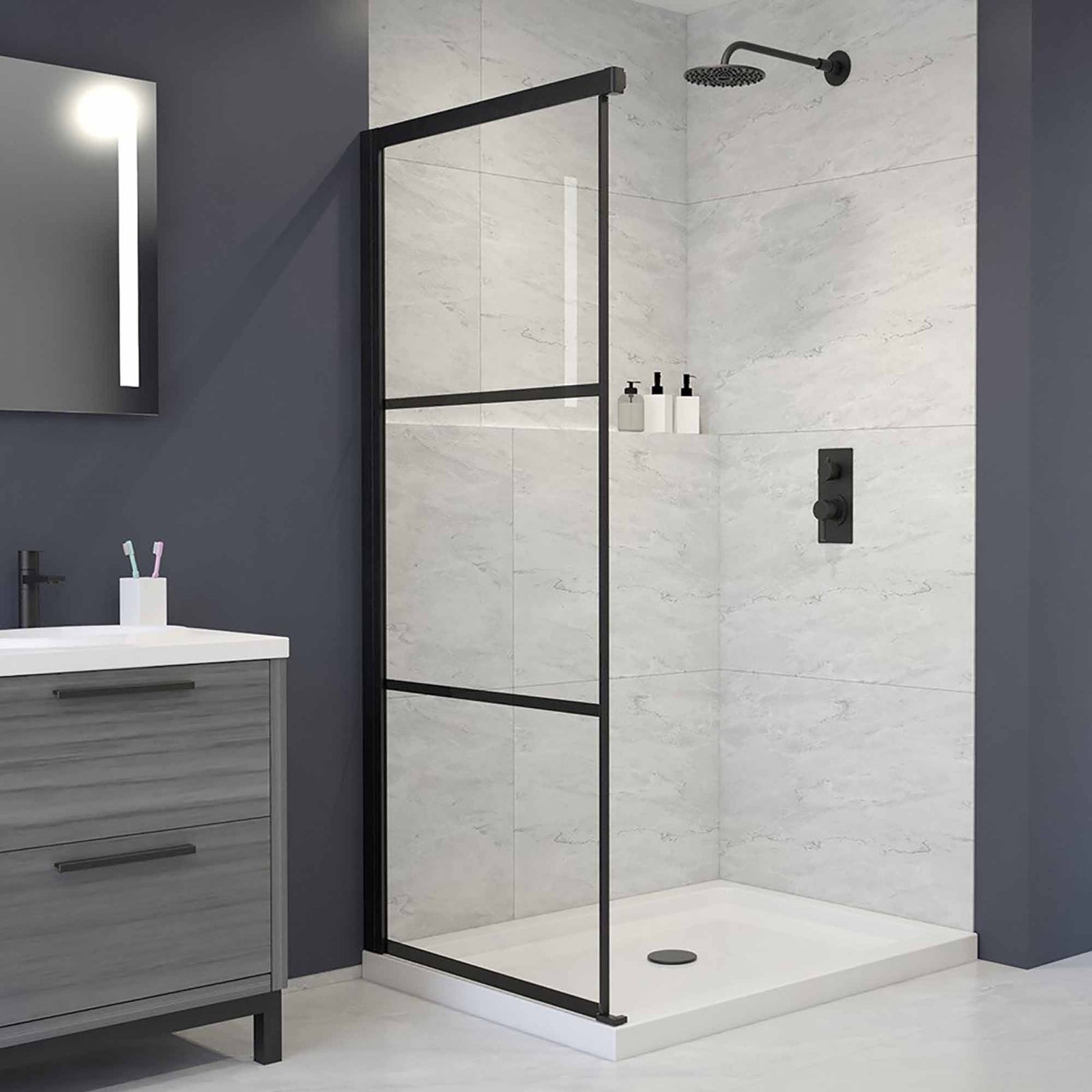 Panneau de côté quadrillé en noir pour douche, 36'' x 75''