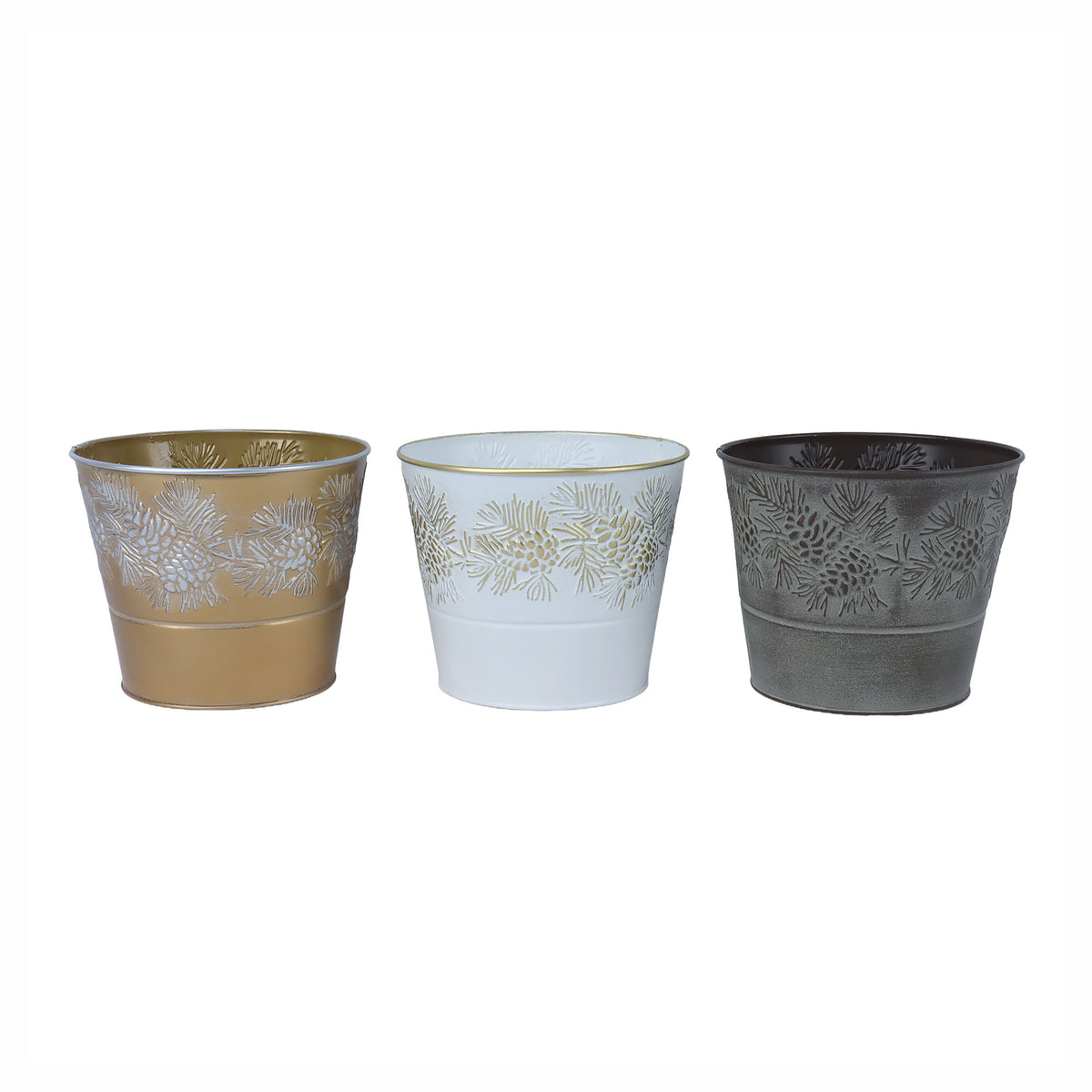 Pot en métal avec pommes de pin en relief, 5,1" (choix entre 3 couleurs)