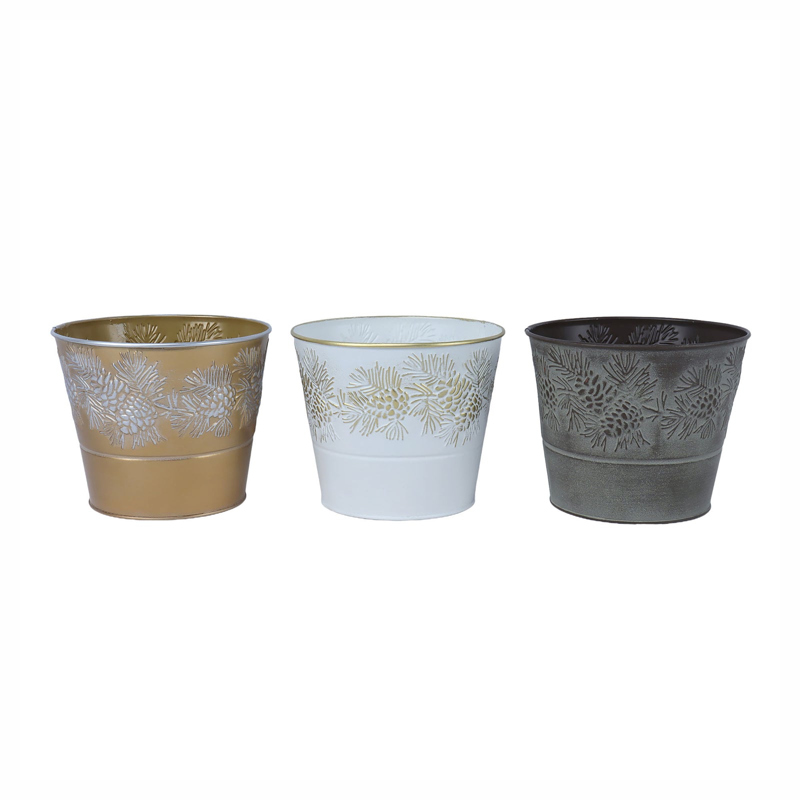 Pot en métal avec pommes de pin en relief, 5,1" (choix entre 3 couleurs)