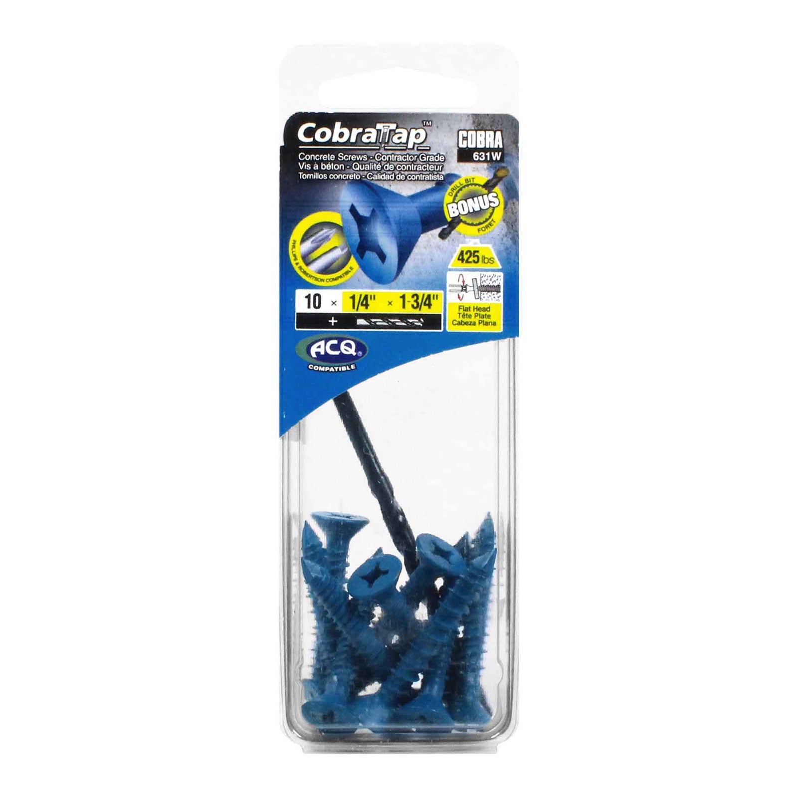 Vis à béton à tête plate CobraTap de 1/4" x 1-3/4", 10 unités