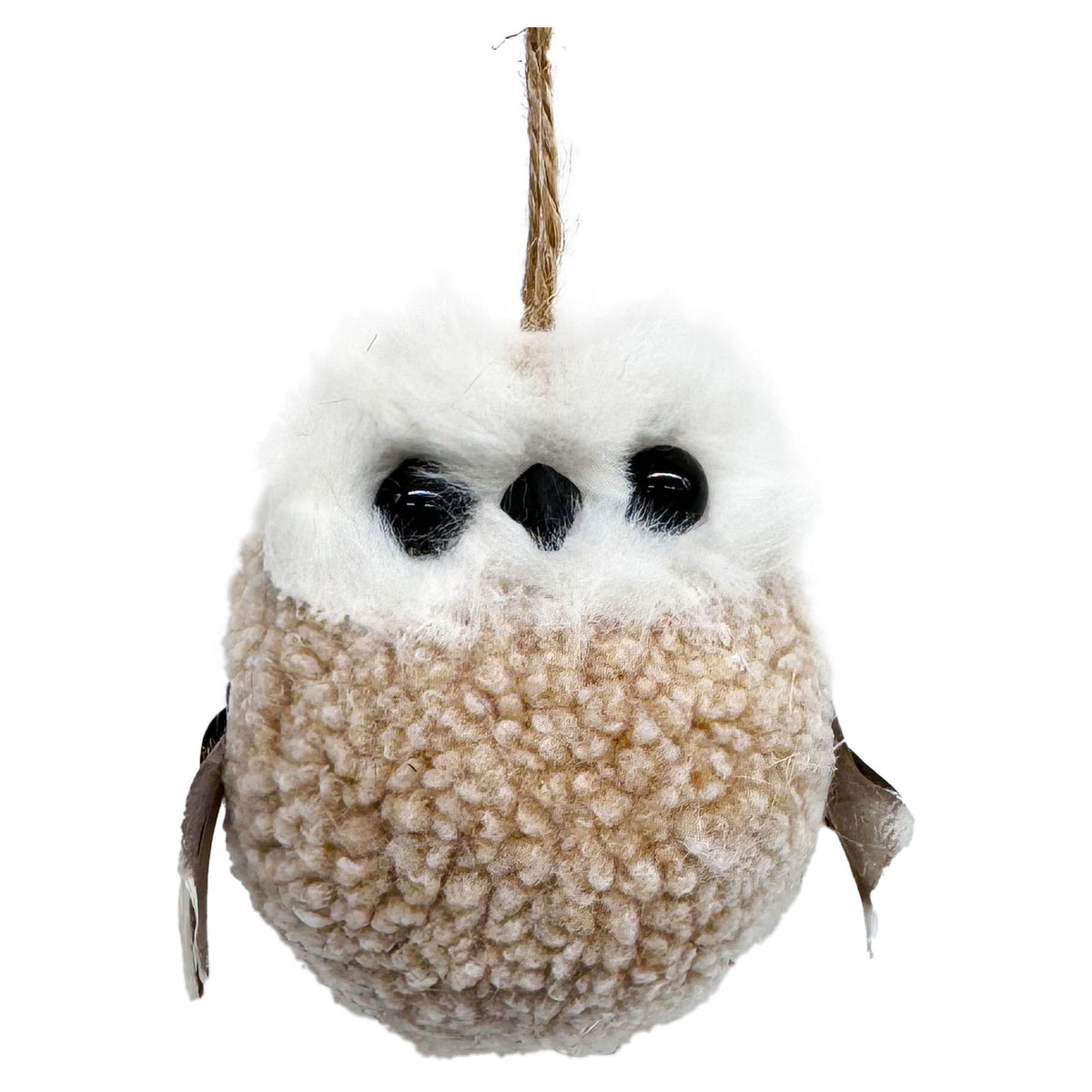 Ornement de hibou en laine beige avec plumes, 3"