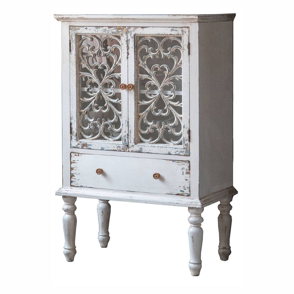 Buffet en bois vieilli avec éléments métalliques, 29" x 16" x 44"