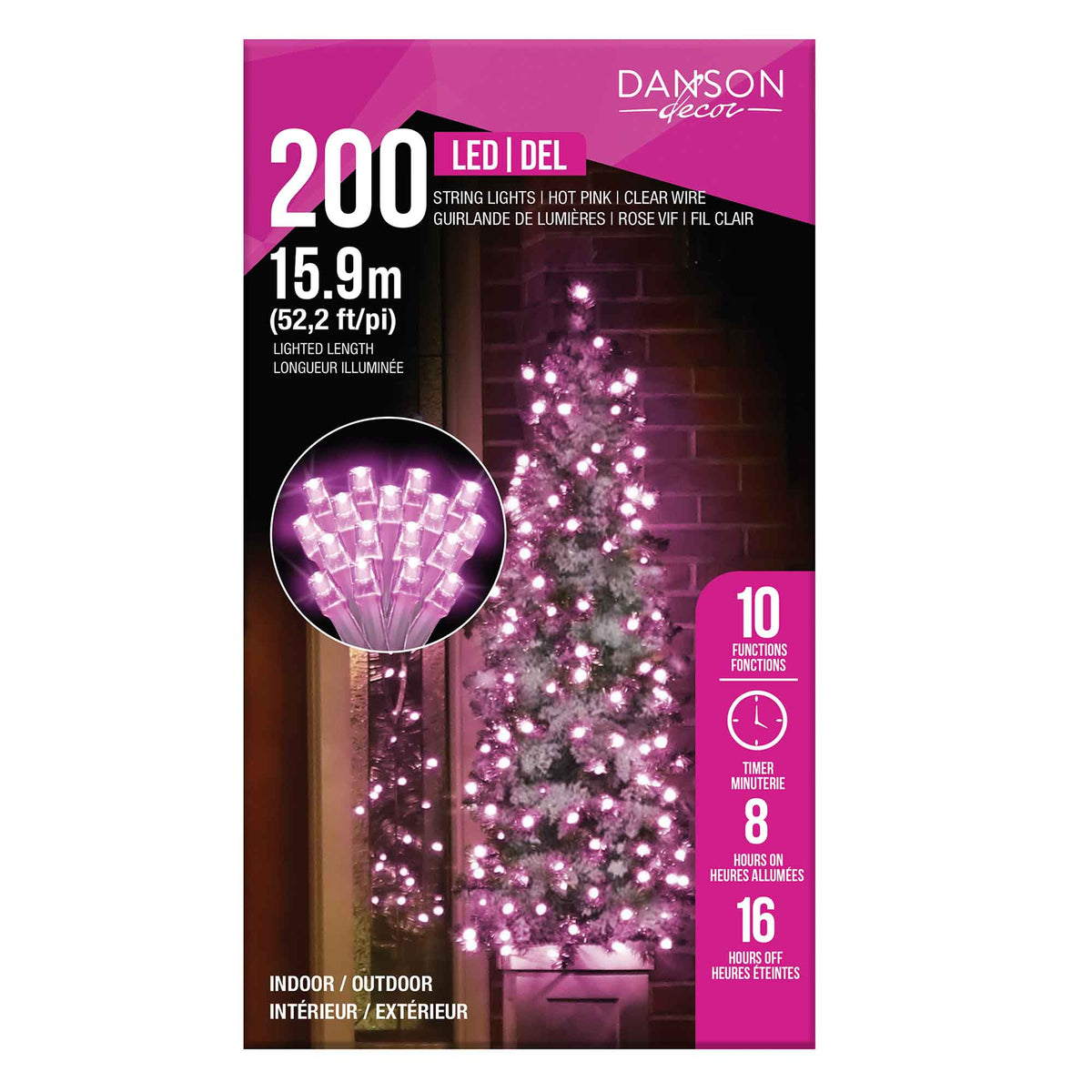 Guirlande de 200 lumières DEL à 10 fonctions de 52,2' (15,9 m), rose vif