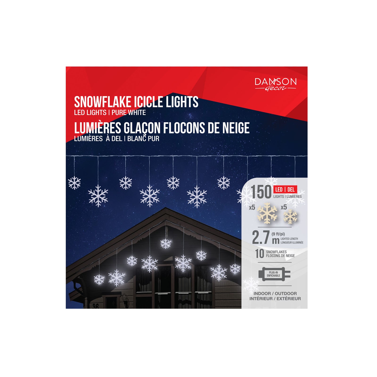 Glaçons de lumières en flocons de neige avec 150 lumières DEL sur fil clair de 9' (2,7 m), blanc pur