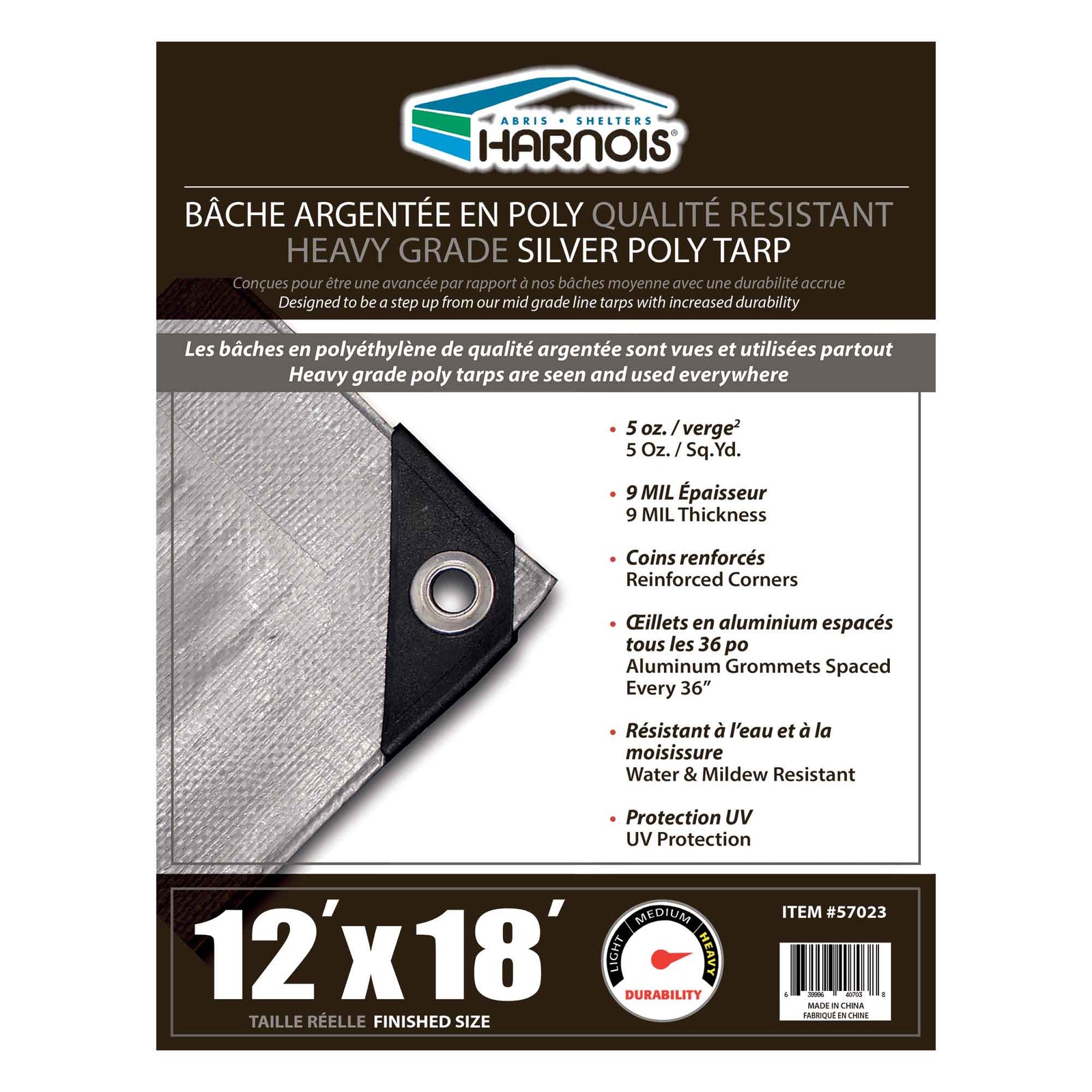 Bâche en polyéthylène argenté de qualité robuste, 12' x 18'