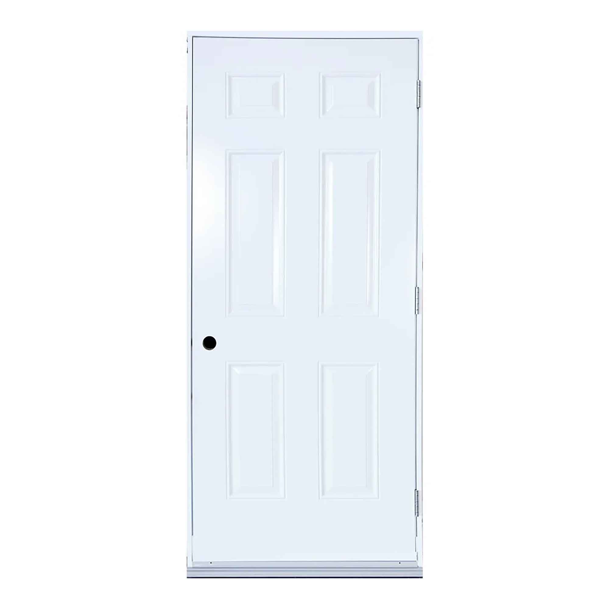 Porte d'acier pour cabanon avec cadrage de 36" x 1-1/4" x 4-5/8", ouverture à droite vers l’extérieur (blanc)