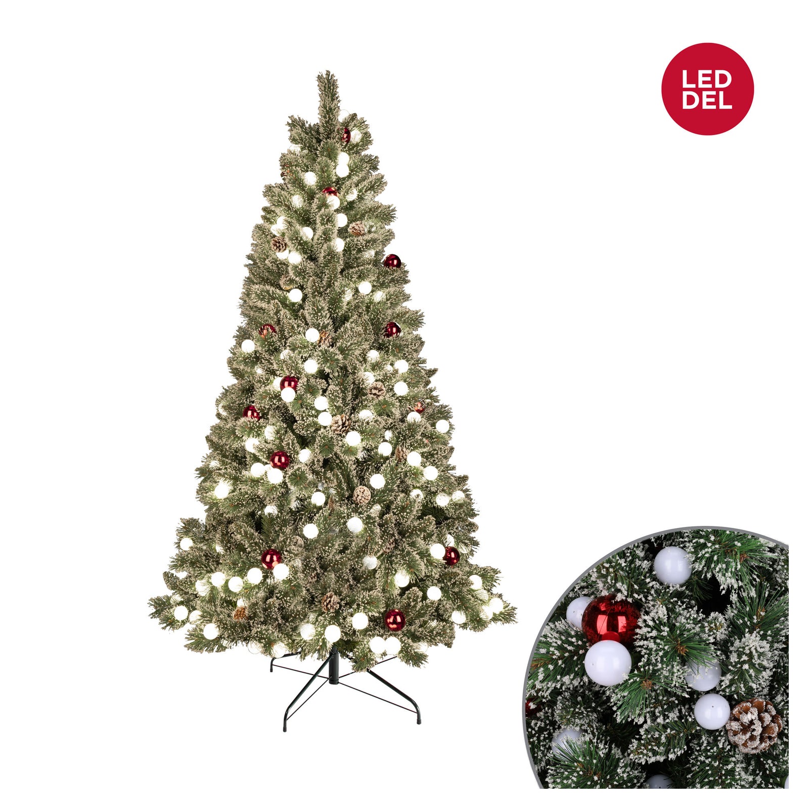 Arbre de Noël givré en PVC de 940 pointes avec pommes de pin et boules avec 250 lumières G40 à DEL blanc chaud, 7'