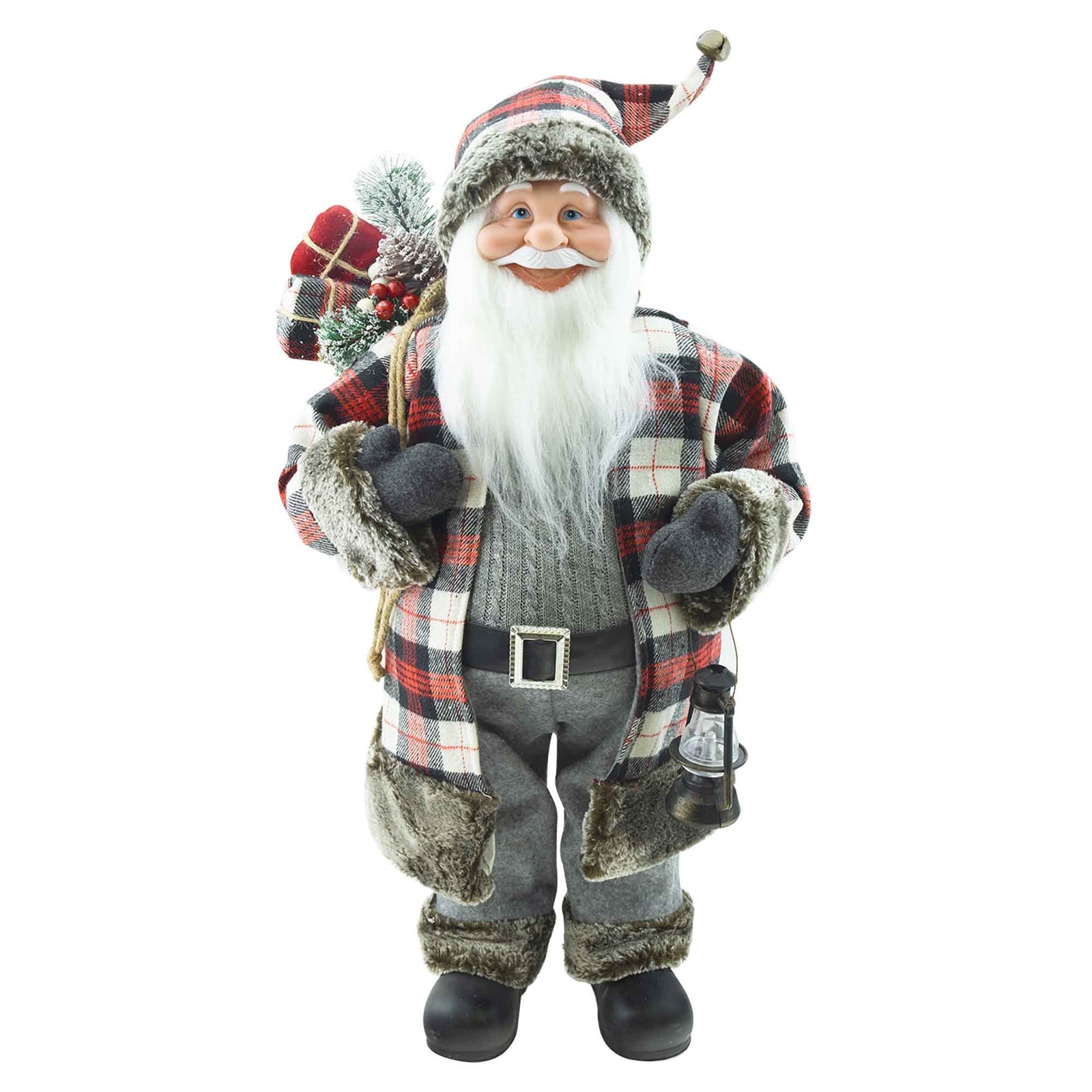 Père Noël debout à long manteau avec un sac de cadeaux et lanterne, 24" 