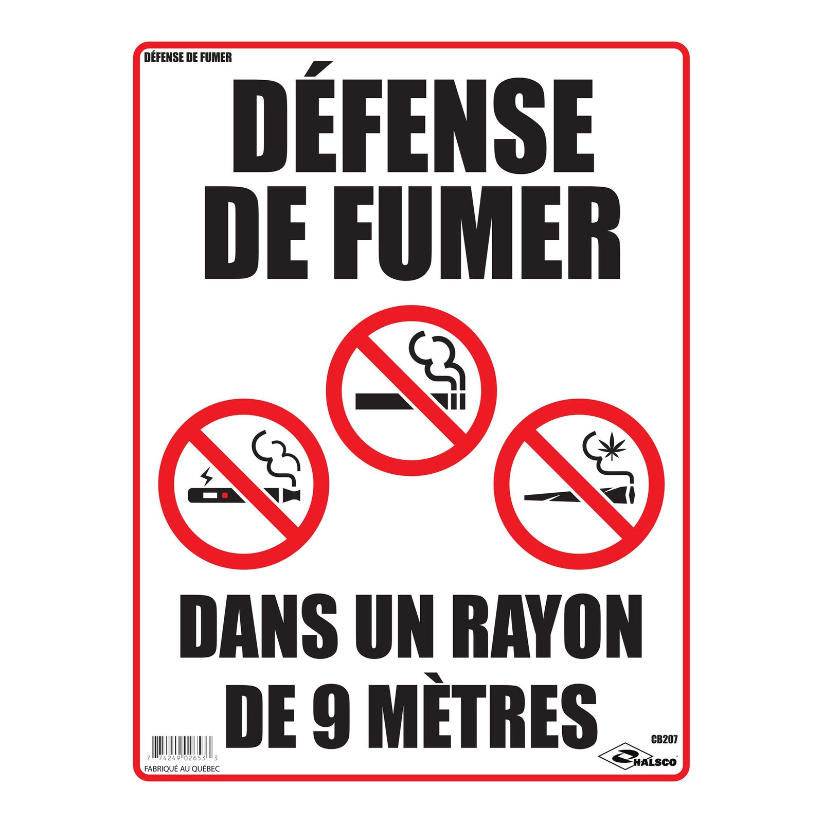 Affiche "Défense de fumer à moins de 9 mètres'', 12" x 16"