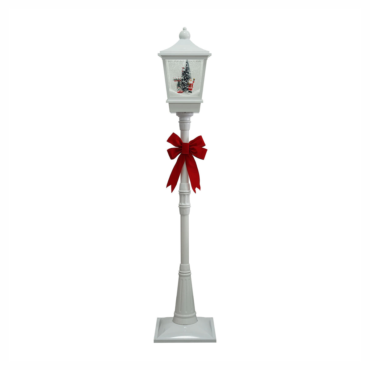 Lampadaire blanc avec un nœud rouge et scène du Père Noël, 72"
