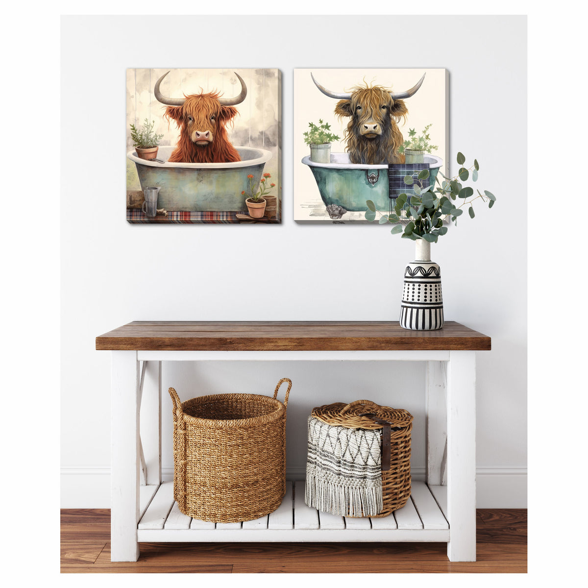 Ensemble de canevas de vaches Highland dans le bain, 16" x 16" (2 pièces) 