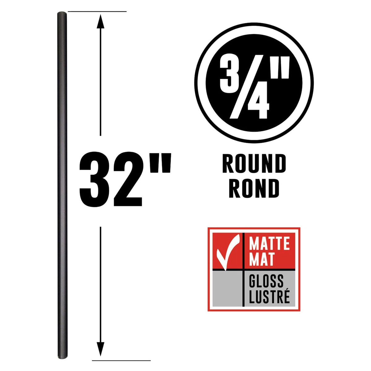 Balustres ronds avec connecteurs en acier noir mat, 32" x 3/4" (30 unités)  