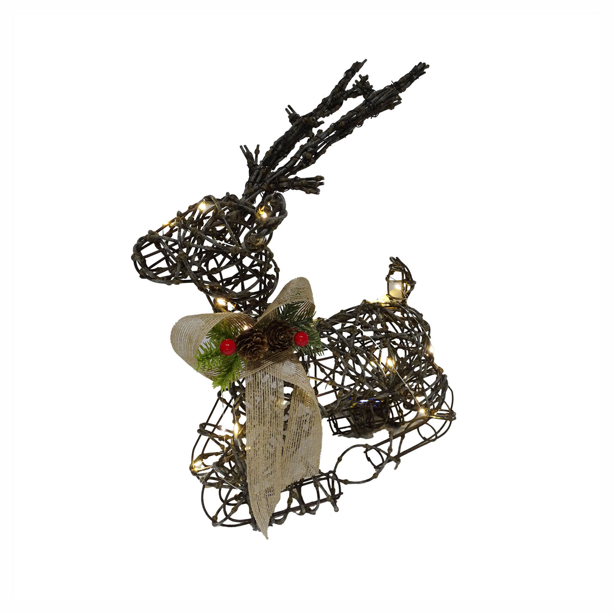 Renne assis lumineux en vigne tressée naturelle avec nœud en jute, 15"