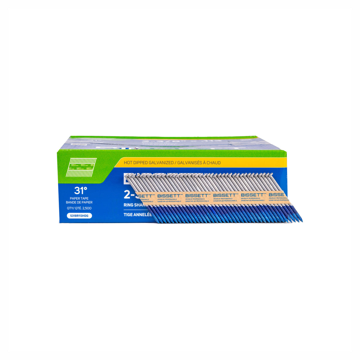 Clous galvanisés à chaud sur bande de papier à angle de 31° avec tiges annelées, 2-3/8'' x .113 (2 500 unités)