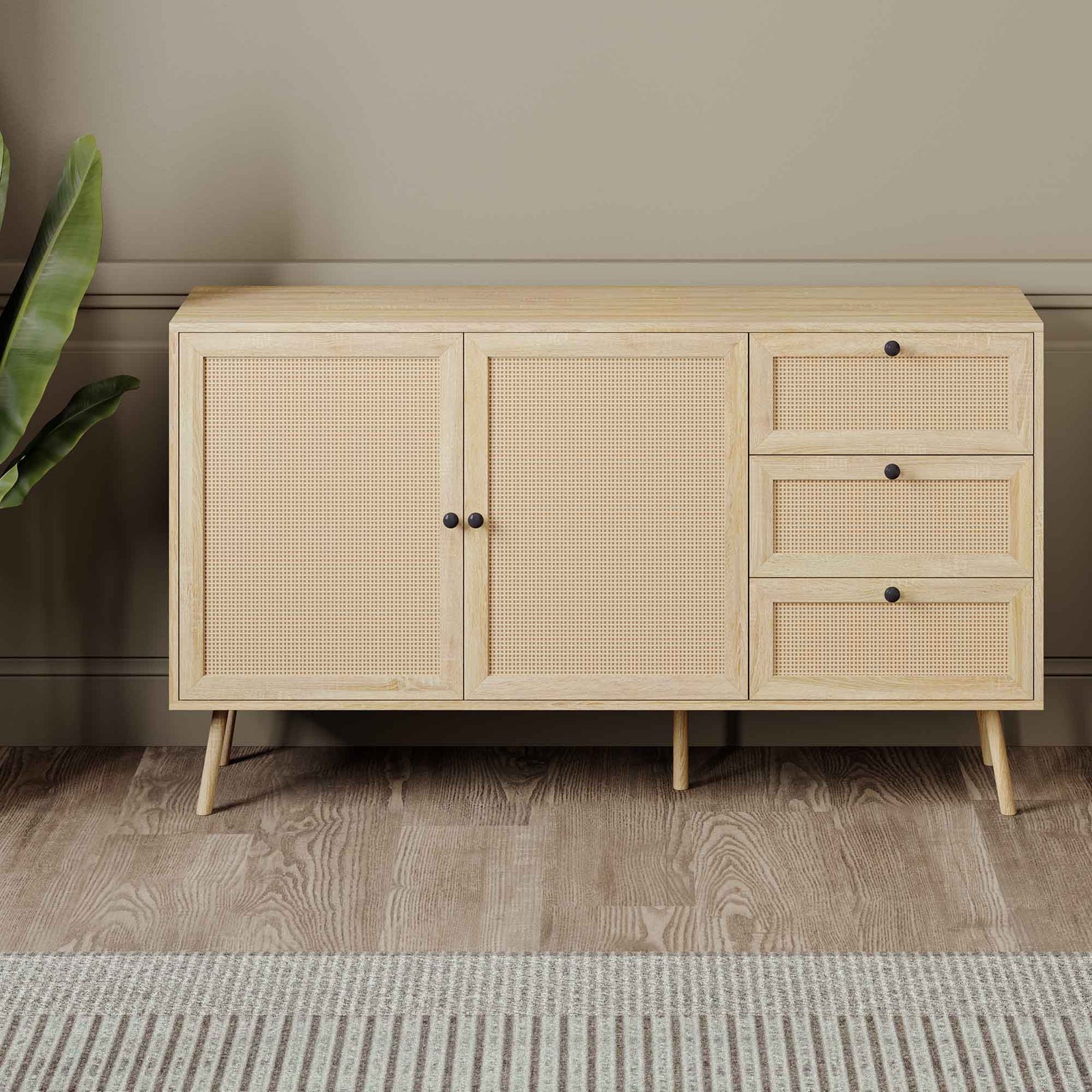 Commode en bois d'aspect naturel à 2 portes et 3 tiroirs, 55'' x 16'' x 31,5''