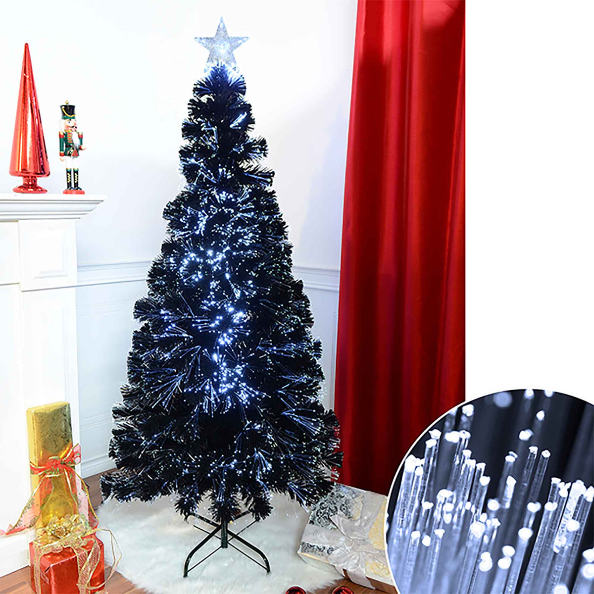 Sapin de Noël noir de 6&#39; avec éclairage DEL par fibre optique, 220 pointes