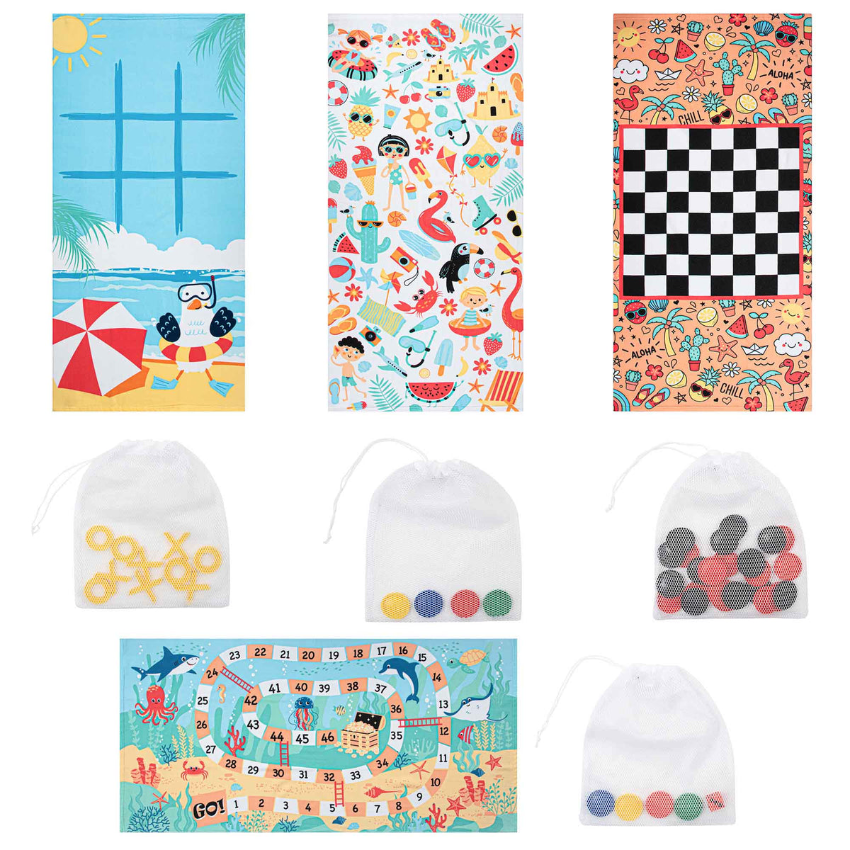 Serviette de plage en microfibre avec jeux, 28'' x 58'' (choix entre 4 modèles)