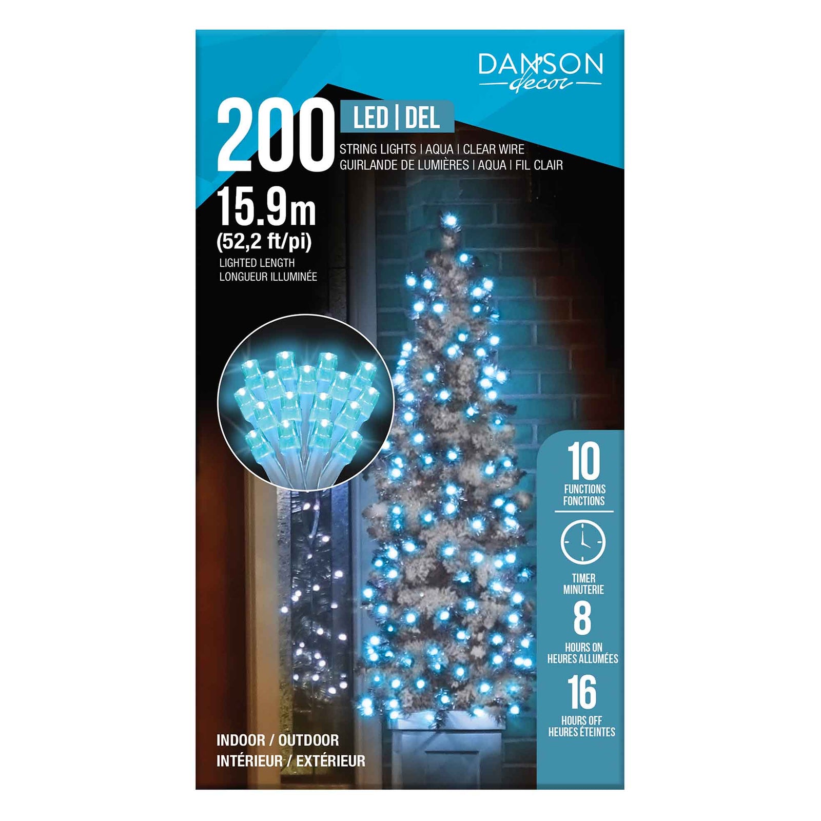 Guirlande de 200 lumières DEL à 10 fonctions de 52,2' (15,9 m), aqua