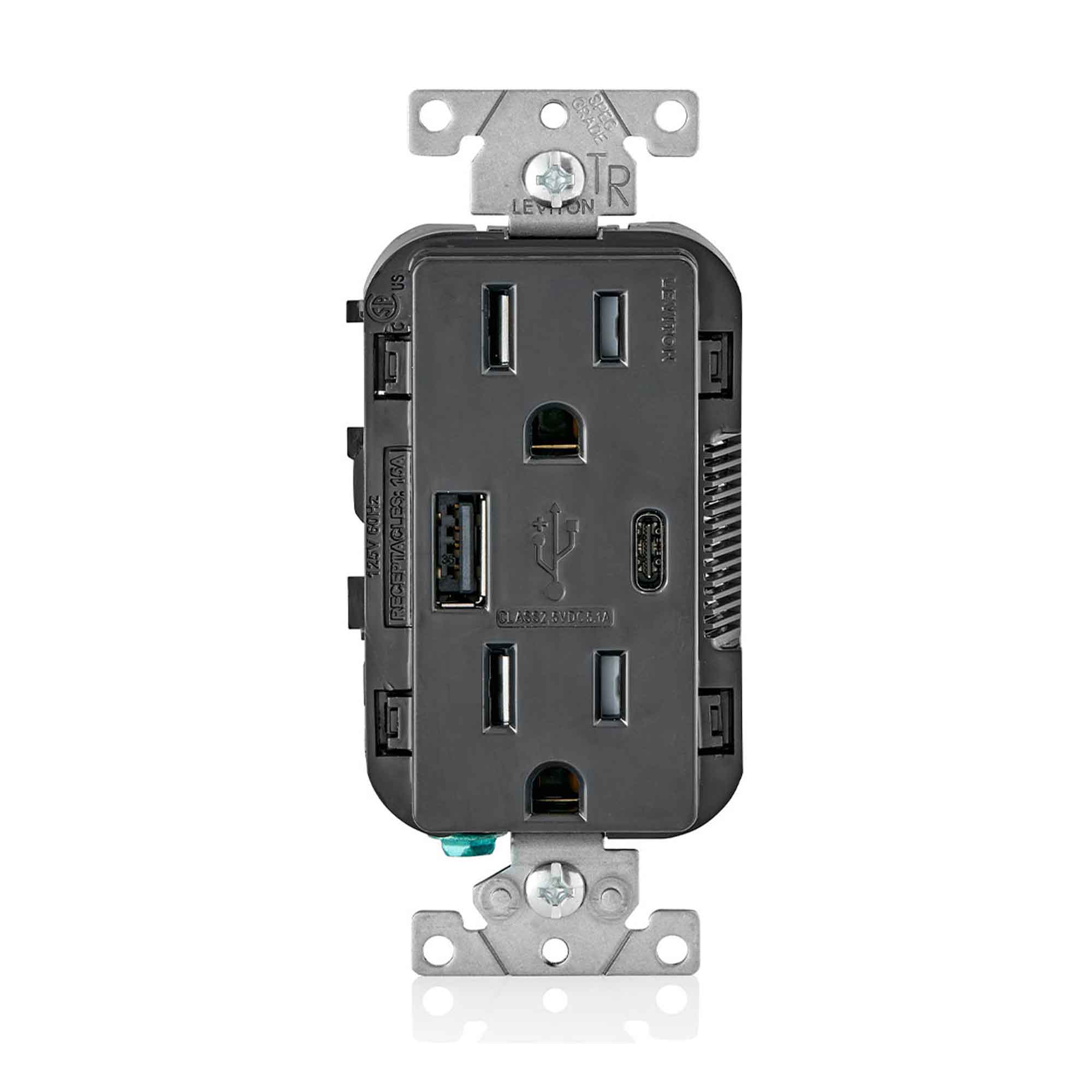 Prise double avec chargeur USB de Type-A  et Type-C de 15 A, noir