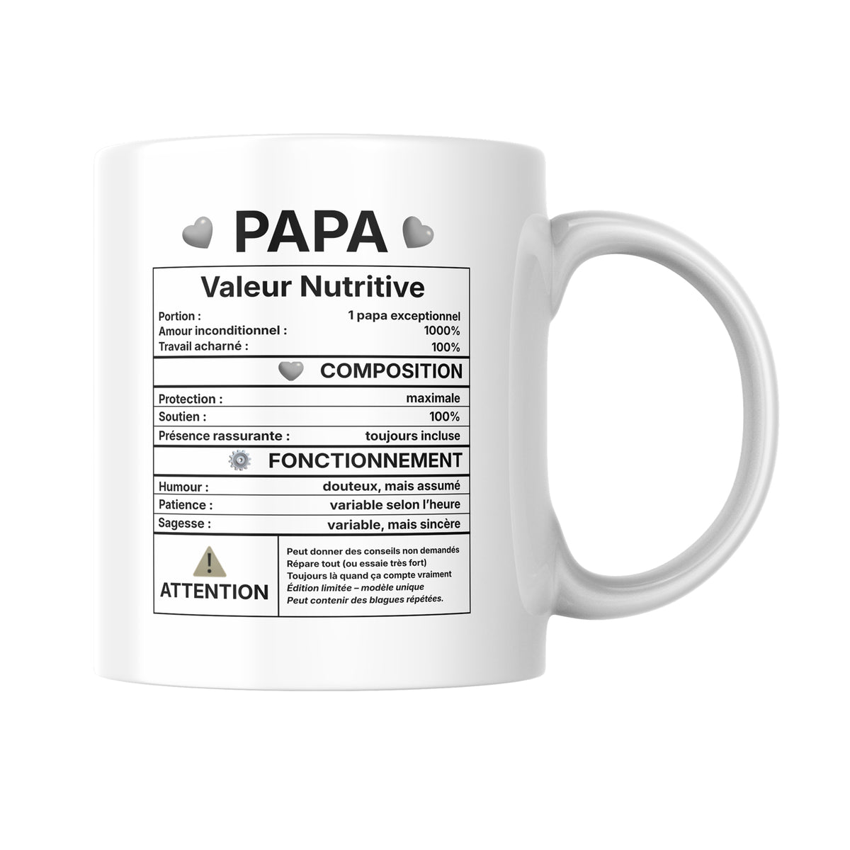 Tasse blanche avec inscription en noir Papa "Valeur nutritive", 330 ml