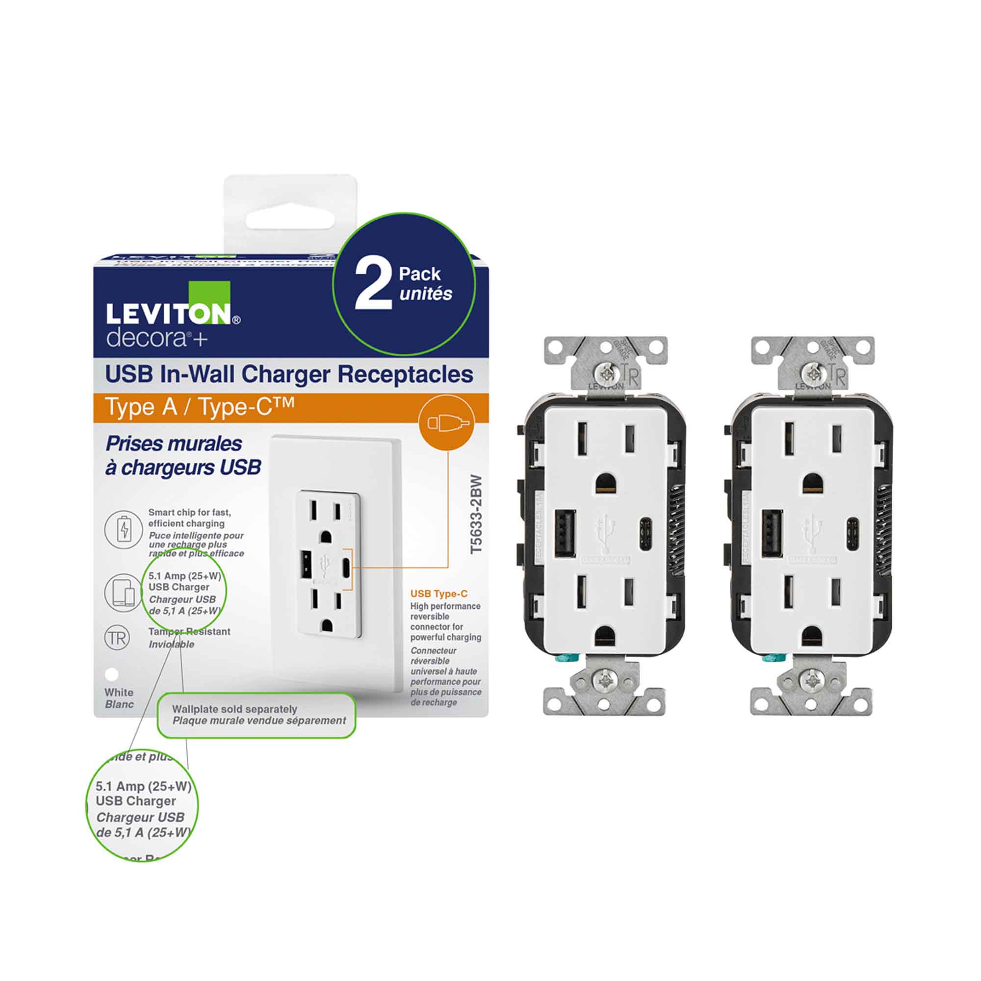 Prise double Decora Plus avec chargeurs USB de Type-A et Type-C, blanc (2 unités)