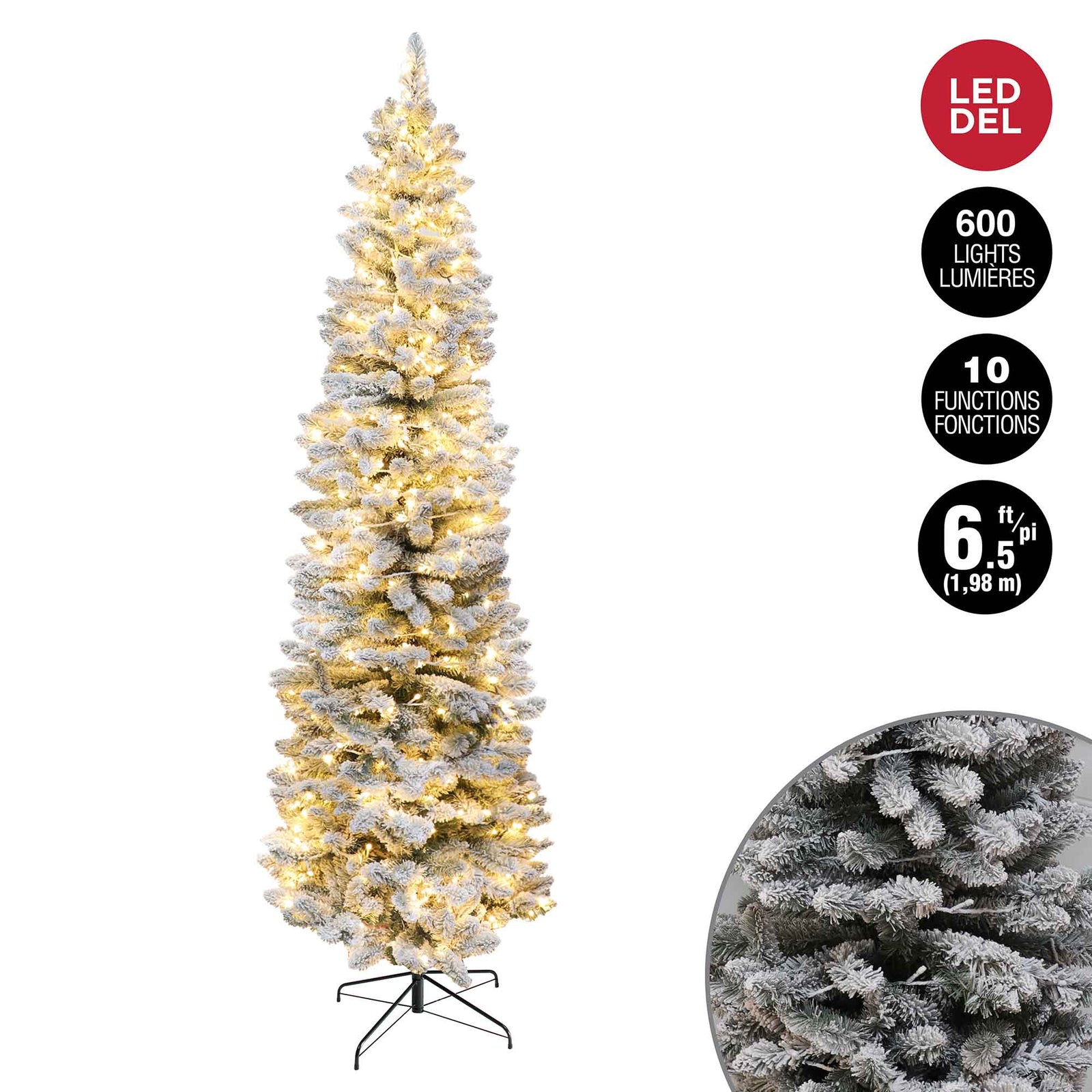Sapin de Noël étroit et floqué à 600 lumières DEL F5 en blanc chaud et 600 pointes, 6-1/2' (1,98 m)