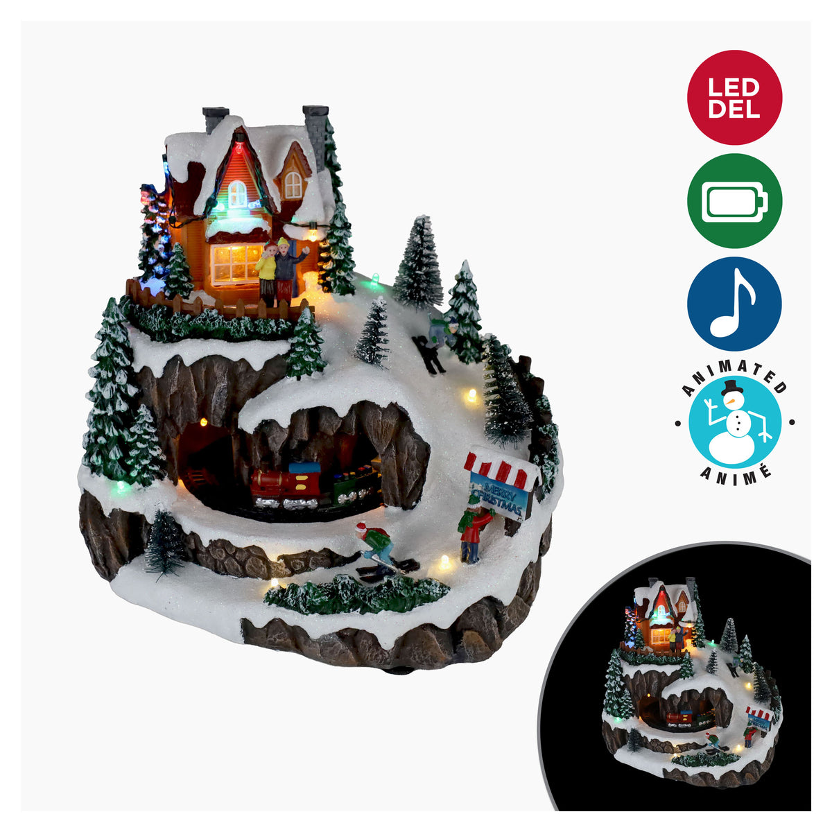 Scène de Noël en résine animée et musicale avec train rotatif et éclairage DEL, 9,25" x 7,28" x 9,25"