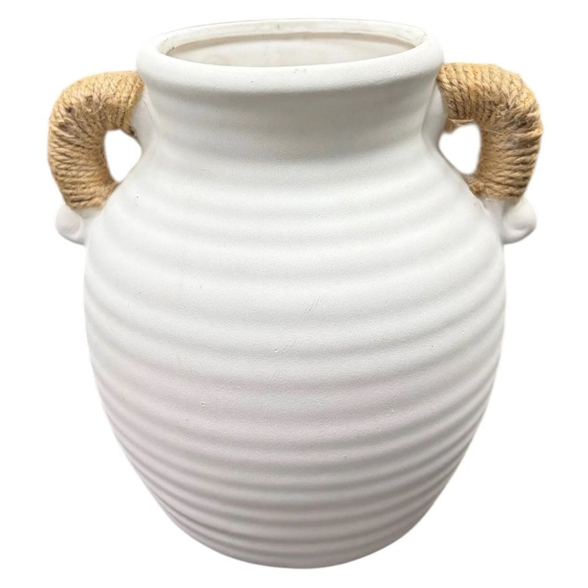 Vase en céramique avec cordage sur les poignées, 7" x 7"