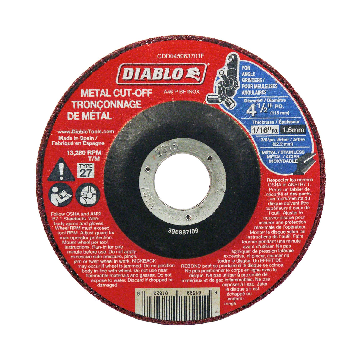 Disque de tronçonnage Diablo pour le métal de 4-1/2&quot; x 1/16&quot;, arbre de 7/8&quot;