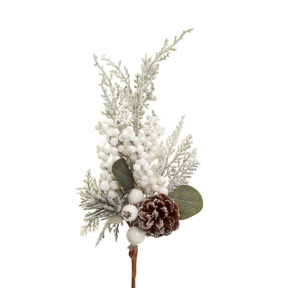 Tige en fouet blanc avec baies et pomme de pin, 14'' h