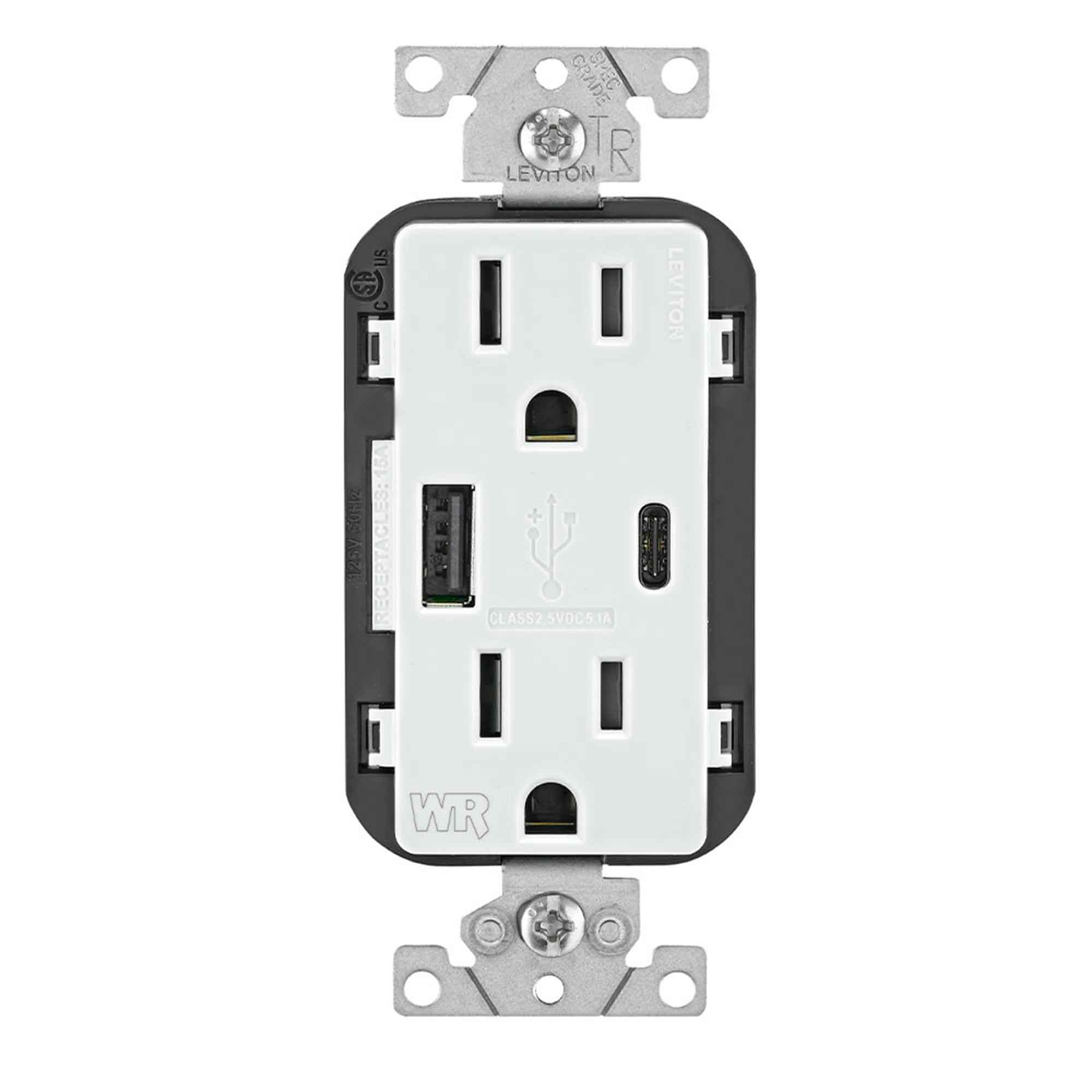 Prise Decora combinée résistante aux intempéries et inviolable avec chargeurs USB de Type-A et de type C, blanc