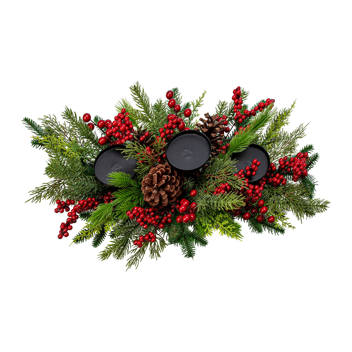 Bougeoir de Noël avec pomme de pin et baies, 26'' x 6''