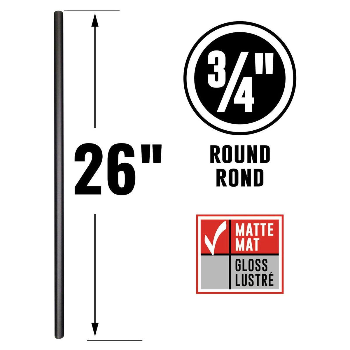 Balustres ronds avec connecteurs en acier noir mat, 26" x 3/4" (30 unités)  