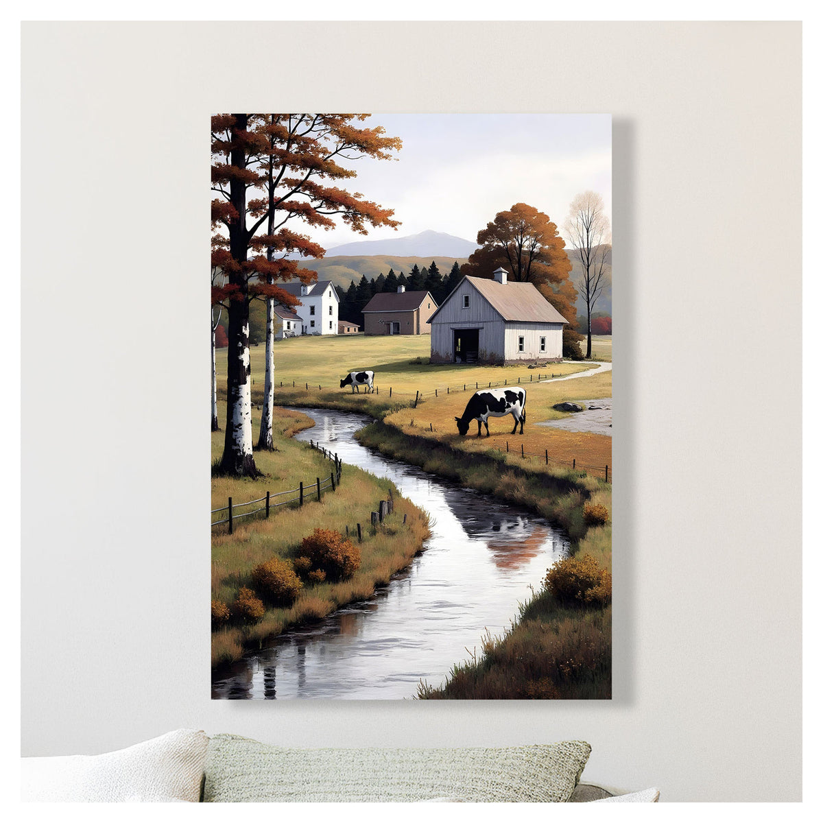 Canevas de vaches broutant près d’un ruisseau, 23-1/2" x 35-1/2"