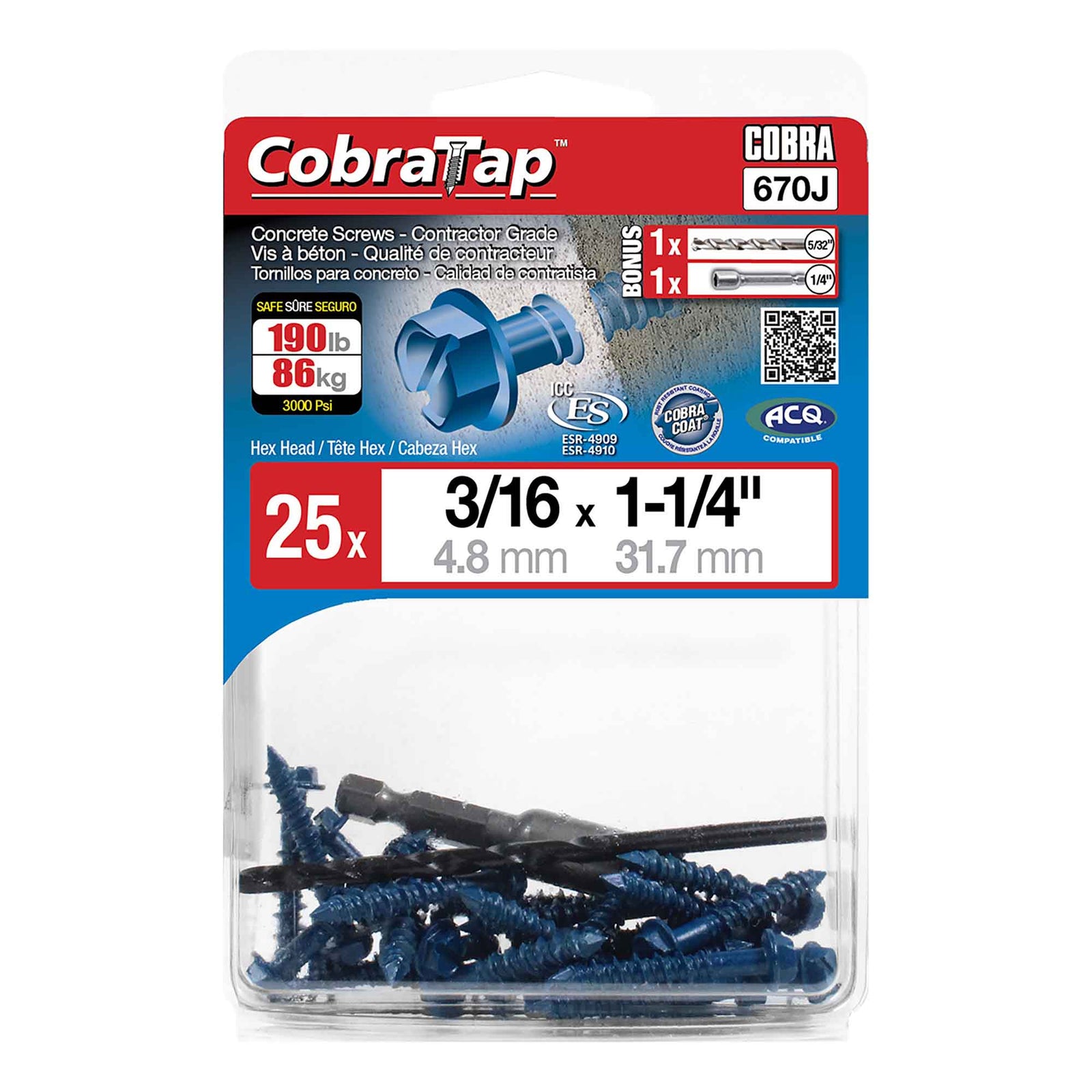 Vis à béton à tête hexagonale CobraTap de 3/16" x 1-1/4", 25 unités