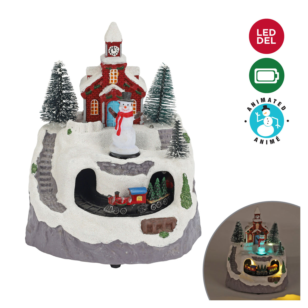 Scène lumineuse à DEL en résine animée de Noël avec église et train en montagne, 6'' x 5'' x 7''