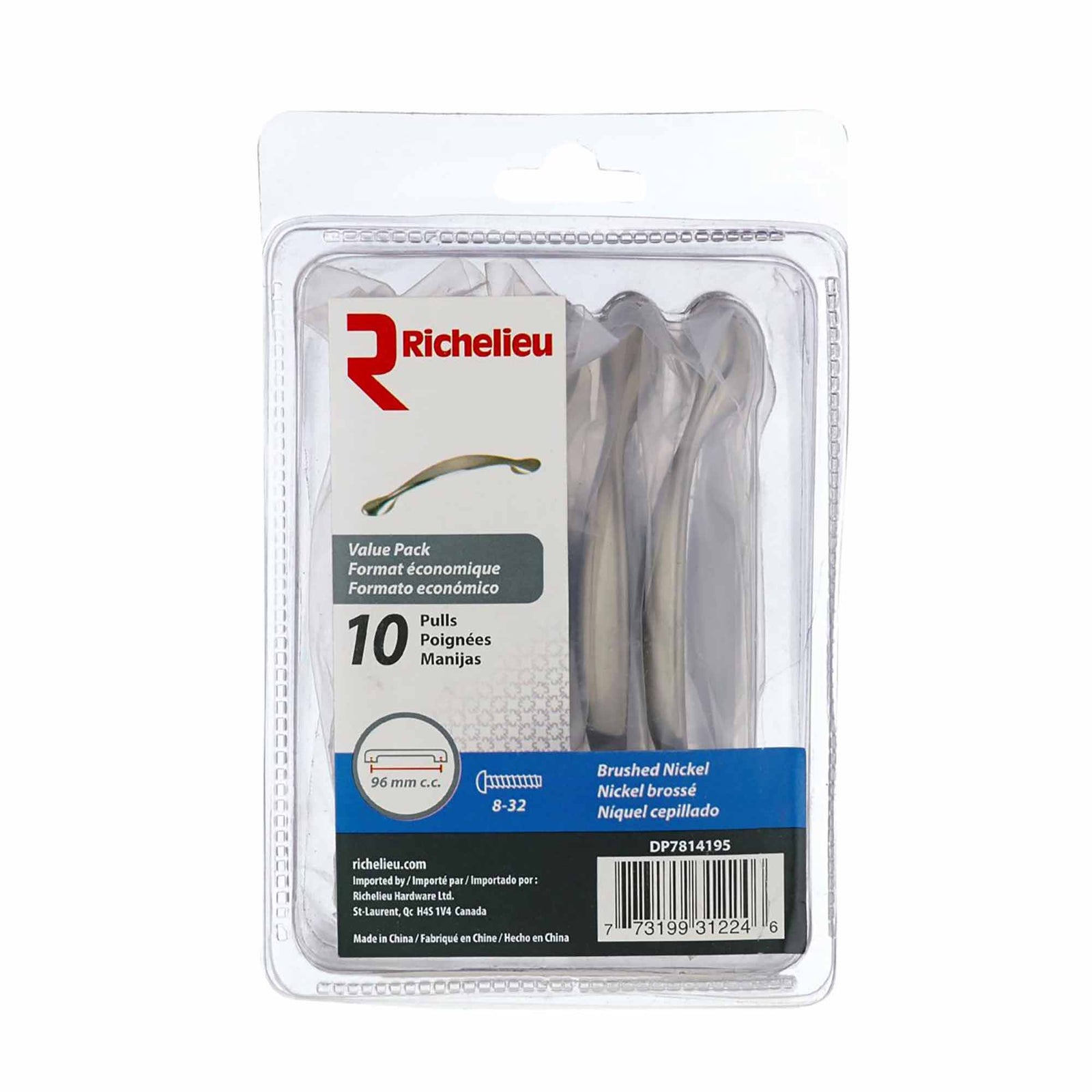 Paquet de 10 poignées traditionnelles en métal nickel brossé # 7814, 96 mm C/C