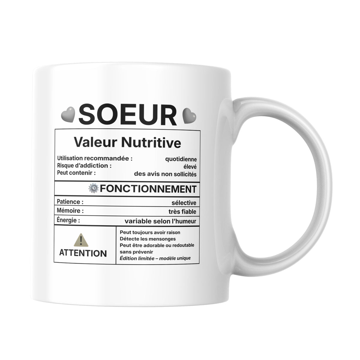 Tasse blanche avec inscription en noir Sœur "Valeur nutritive", 330 ml