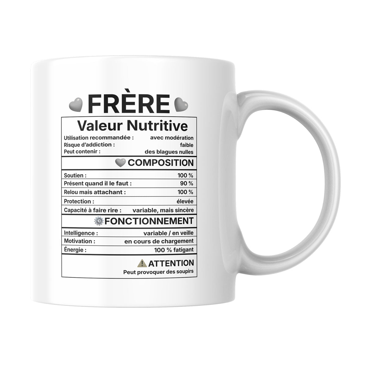 Tasse blanche avec inscription en noir  Frère "Valeur nutritive", 330 ml