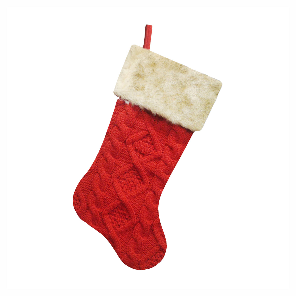 Bas de Noël tricoté avec manchette en fausse fourrure, 20,5" (rouge)