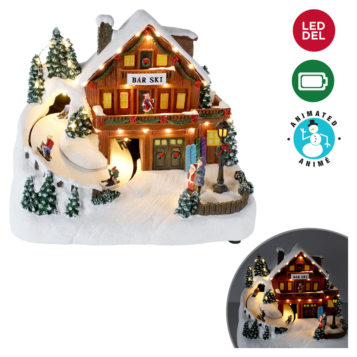Village de Noël illuminé par DEL avec skieurs animés, 12,20" x 8,26" x 9,64"