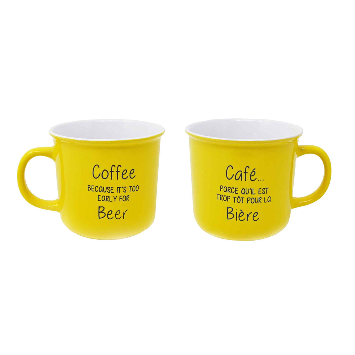 Tasse en céramique bilingue &#39;&#39;Café… parce qu&#39;il est trop tôt pour la Bière&#39;&#39;, jaune vif 