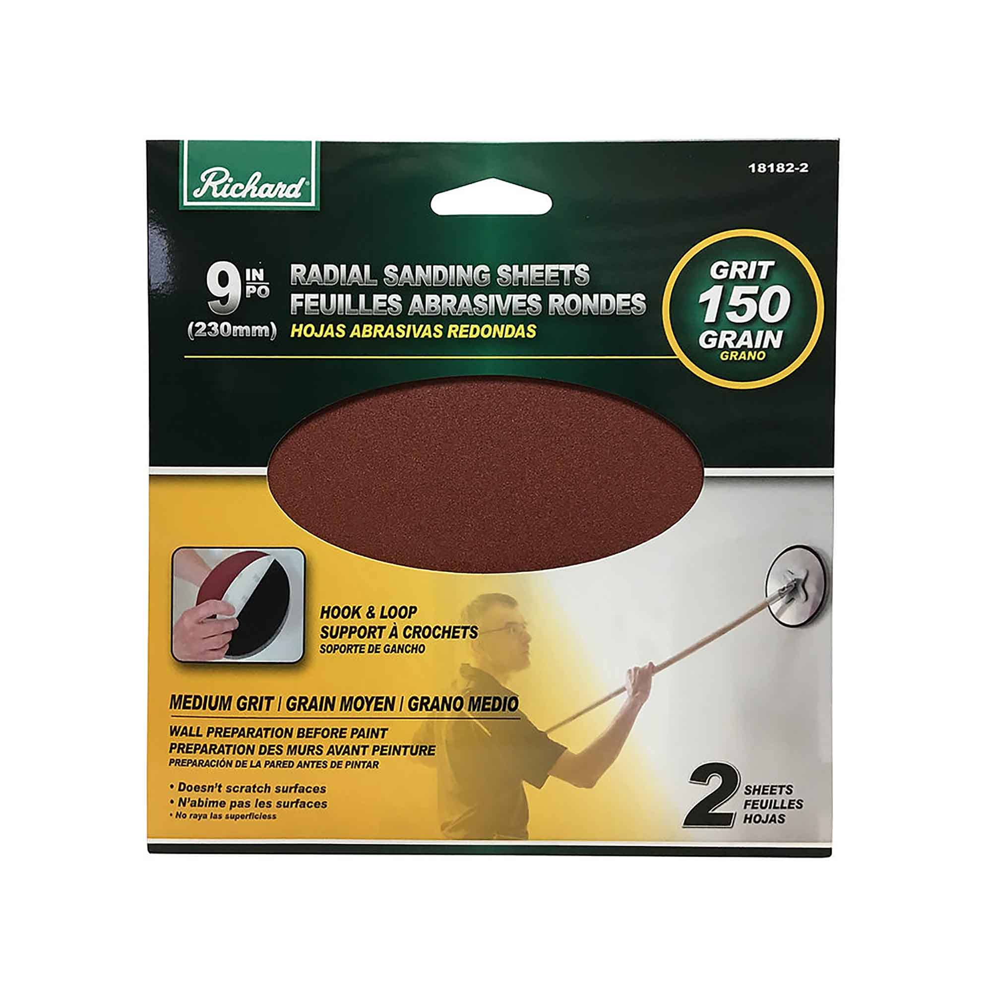 Papier sablé rond de 9'' de diamètre avec attache velcro, grain 150 (paquet de 2)