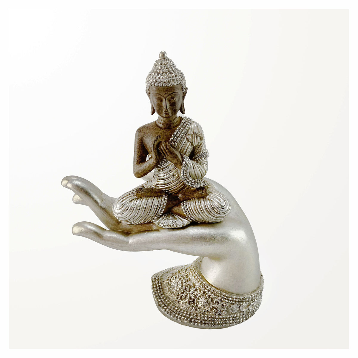 Statue de Bouddha en méditation assis sur une main, 7" x 3-1/2" x 9"