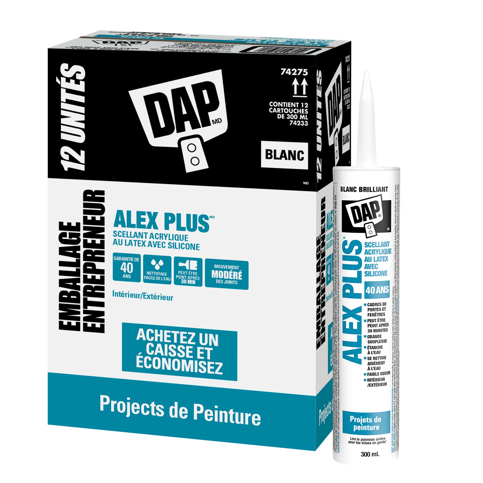 Calfeutrant au latex acrylique plus silicone blanc tout usage ALEX PLUS, Caisse de 12 unités de 300 ml