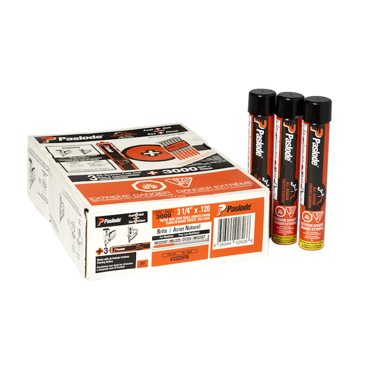 Kit de clous en bande de papier à 30 degrés de 3-1/4" x 0.120" avec 3 cartouches de combustibles Quiklode, boîte de 3 000 clous