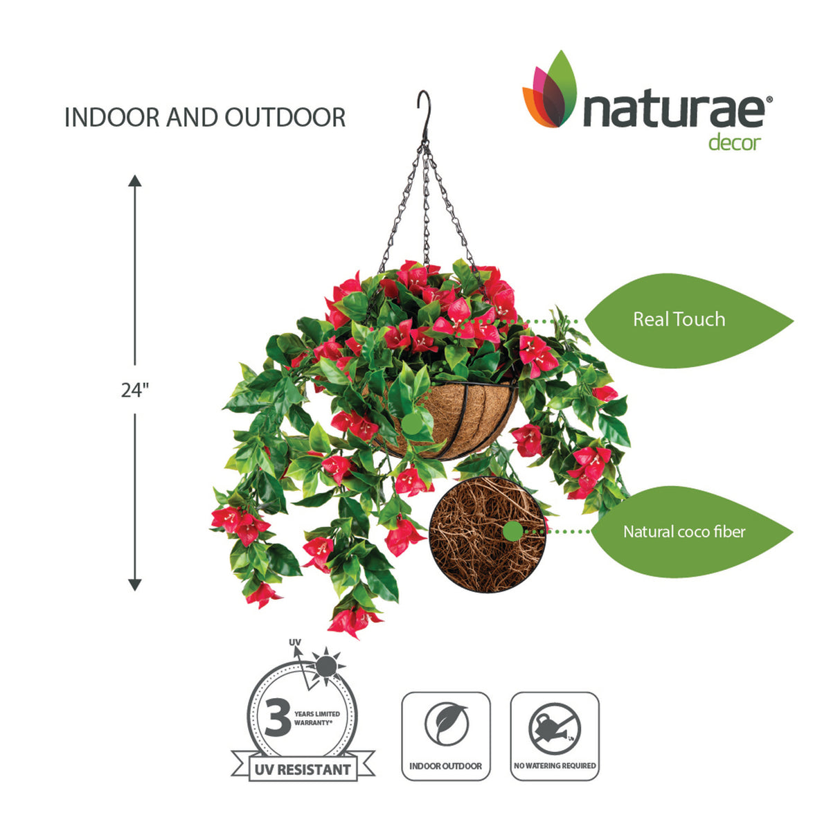Jardinière de bougainvillier fuchsia artificielle suspendue, 20 x 24"