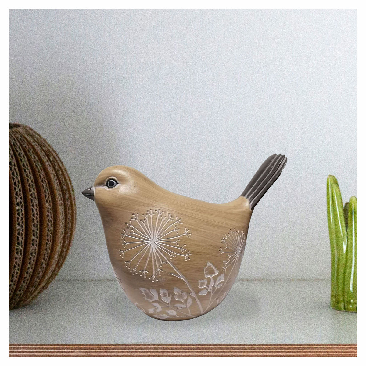 Décoration d’oiseau avec pissenlits gravés, 5" x 4'' x 7''